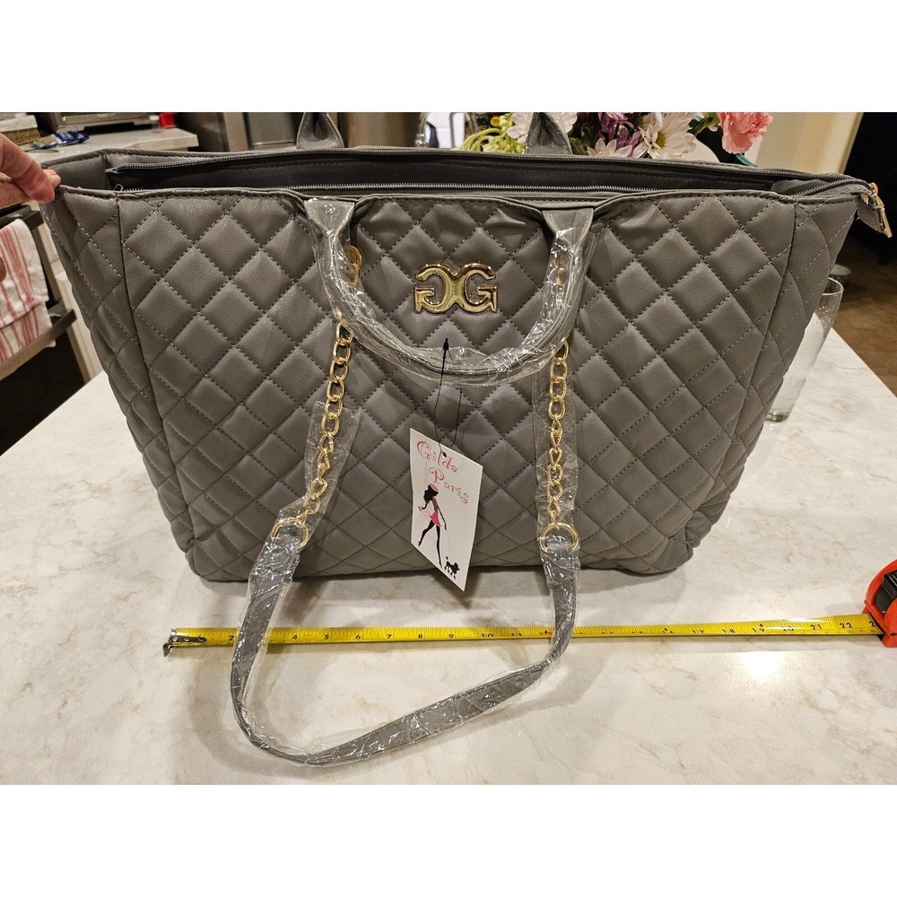 Gilda Paris Quilted‎ Tote Bag Luggage Sleeve Gold Chain Gray Large